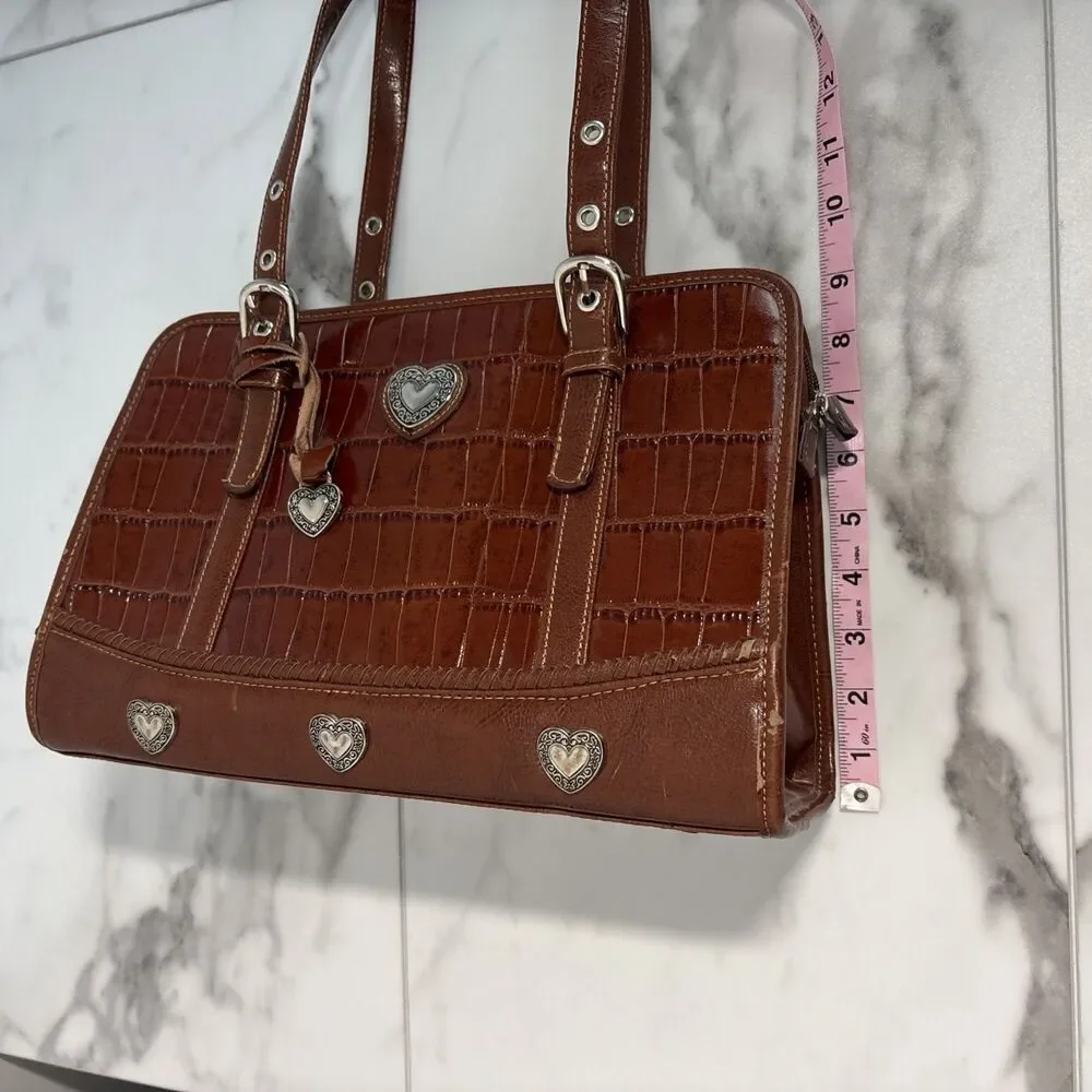Vintage Y2K Brown Croc Embossed Shoulder Bag Western Heart Charms Top Handle